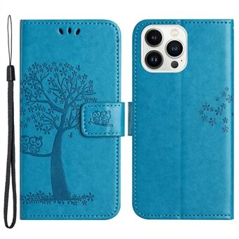 For iPhone 14 Pro 6.1 inch Anti-fall PU Leather Shell Imprinted Owl Tree Pattern Wallet Stand Feature Shell with Wrist Strap