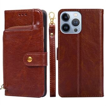 For iPhone 14 Pro 6.1 inch Drop-proof Phone Case Flip Wallet Stand Zipper Pocket PU Leather Phone Protective Cover with Strap