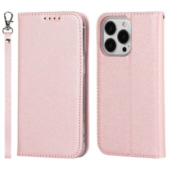 For iPhone 14 Pro 6.1 inch PU Leather Silk Texture Anti-fall Phone Case Stand Full Body Protection Wallet Cover with Wrist Strap