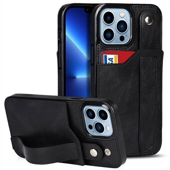 For iPhone 14 Pro 6.1 inch RFID Blocking Card Slots Kickstand Design Leather Coated TPU Phone Case Shell with Hand Strap