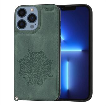 For iPhone 14 Pro 6.1 inch Card Slot Kickstand Leather Coated TPU Case Mandala Flower Imprint Phone Protective Cover with Wrist Strap