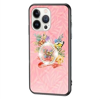 For iPhone 14 Pro 6.1 inch Butterfly Series Tempered Glass + PC + TPU Pattern Printing Phone Case Anti-scratch Ring Kickstand Cover