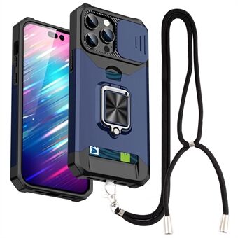 For iPhone 14 Pro 6.1 inch Slide Camera Cover Card Slot Phone Shell Hard PC + TPU Kickstand Phone Case with Strap