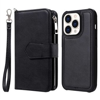 KT Multi-functional Series-4 Detachable Leather Case for iPhone 14 Pro, Wallet Stand Magnetic Phone Cover with Zipper Pocket