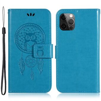 For iPhone 14 Pro Wrist Strap Wallet Stand Flip Phone Cover Imprinted Owl Dream Catcher Pattern PU Leather Case