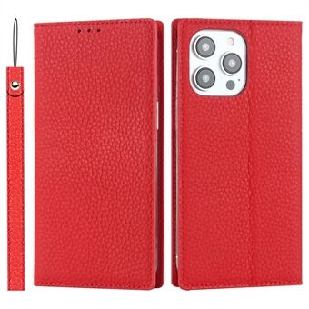 For iPhone 14 Pro Litchi Texture Genuine Leather RFID Blocking Card Slot Wallet Phone Case Stand Magnetic Phone Shell