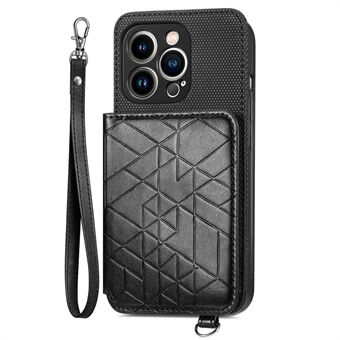 Wallet Kickstand Phone Case for iPhone 14 Pro, Geometry Imprinted PU Leather + TPU Cover with Built-in Metal Sheet and Hand Strap