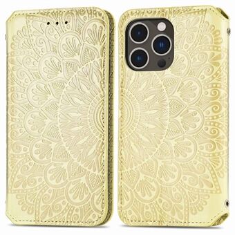 For iPhone 14 Pro Mandala Imprint Pattern PU Leather Anti-drop Case Magnetic Adsorption Phone Stand Wallet Cover