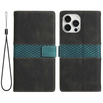 For iPhone 14 Pro Anti-scratch Phone Case Grid Splicing Folio Flip Wallet Cover PU Leather Protective Phone Shell Stand with Strap