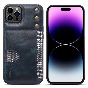 DENIOR For iPhone 14 Pro Shockproof Case Waxy Genuine Leather Coating Anti-Drop Soft TPU Case with Card Holder