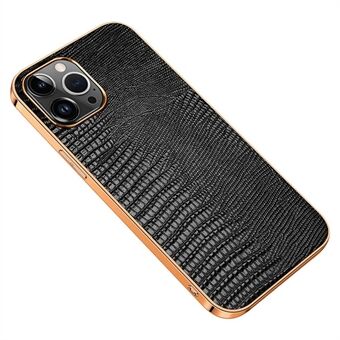 Anti-Fall Phone Case for iPhone 14 Pro Electroplating Shockproof Case Genuine Leather Coated TPU Back Cover with Lizard Texture