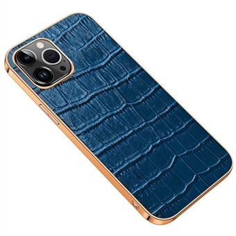 Electroplating Phone Case for iPhone 14 Pro Shockproof Anti-Drop Case Crocodile Texture Genuine Leather Coated TPU Back Cover