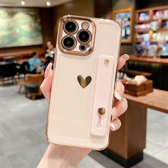 Anti-Fall Phone Case for iPhone 14 Pro Shockproof Slim Case Heart Pattern Electroplating TPU Phone Cover with Kickstand Strap