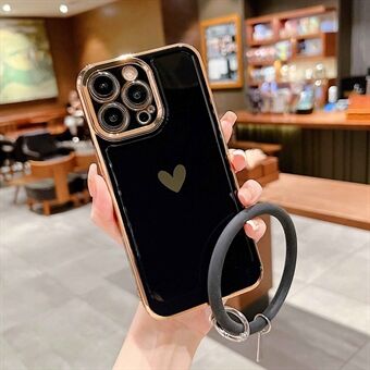 Shockproof Case for iPhone 14 Pro Electroplating Phone Case Heart Pattern TPU Phone Protector with Silicone Strap