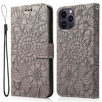 For iPhone 14 Pro Anti-scratch Wallet Case Imprinted Flower Pattern PU Leather Stand Phone Shell with Strap