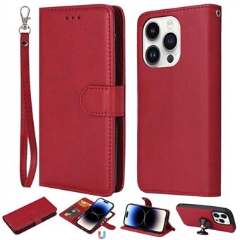 KT Leather Series-3 for iPhone 14 Pro Magnetic Detachable PU Leather Case Stand Function Solid Color Wallet Phone Cover with Strap