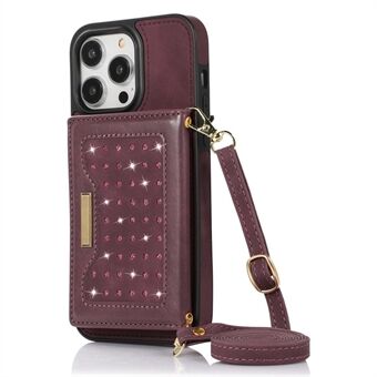 For iPhone 14 Pro RFID Blocking Phone Case with Shoulder Strap, Rhinestone Decor Wallet Kickstand Leather Coated TPU Back Cover