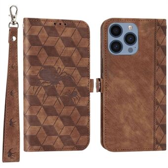 Cell Phone Cover for iPhone 14 Pro, PU Leather Imprinted Spider Rhombus Pattern Wallet Stand Anti-scratch Phone Case with Strap