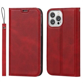 For iPhone 14 Pro Calf Texture PU Leather Stand Case Single Card Slot Magnetic Auto-absorbed Protective Cover with Strap