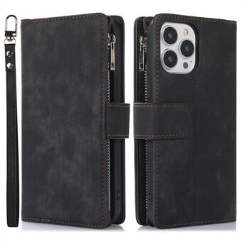 For iPhone 14 Pro Skin-touch PU Leather Phone Stand Wallet Case Zipper Pocket Card Holder Shockproof Cover with Wrist and Shoulder Strap