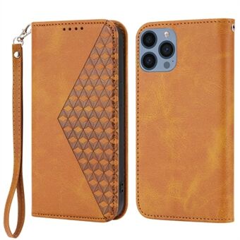 For iPhone 14 Pro Calf Texture Wallet Imprinted Rhombus Pattern Phone Stand PU Leather Case Magnetic Cover with Strap