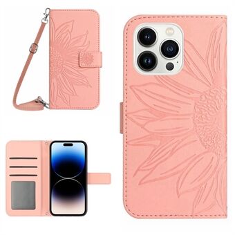 Imprinted Sunflower Phone Case for iPhone 14 Pro, HT04 Stand Wallet Skin-touch PU Leather Inner TPU Cover with Shoulder Strap