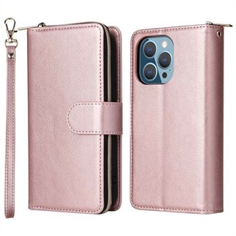 For iPhone 14 Pro PU Leather Wallet Phone Case 9 Card Holder Slots Zipper Pocket Stand Flip Cover with Strap