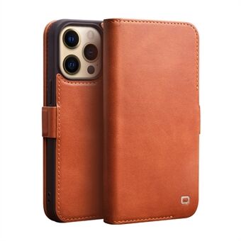 QIALINO For iPhone 14 Pro Fall-proof Business Style Magnetic Closure Genuine Leather Flip Cover Wallet Stand Phone Case