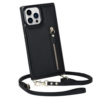 For iPhone 14 Pro PU Leather Coated TPU Kickstand Phone Case Zipper Pocket Magnetic Button Card Slots Protective Cover with Shoulder Strap