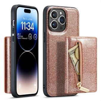 DG.MING M3 Series For iPhone 14 Pro 2-in-1 Glittery PU Leather Coated PC+TPU Protective Phone Case Kickstand Magnetic Detachable Zipper Wallet Phone Cover