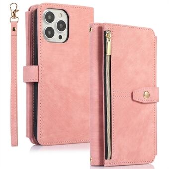 For iPhone 14 Pro Zipper Pocket Folio PU Leather Case Magnetic Closure Multiple Card Slots Stand Flip Wallet Cover