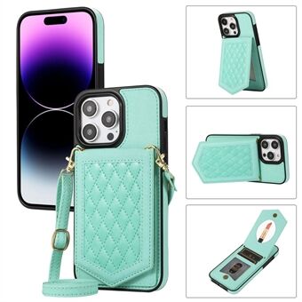 For iPhone 14 Pro Anti-scratch Imprinted PU Leather Coated TPU Phone Case Kickstand Anti-drop RFID Blocking Card Holder Phone Cover with Shoulder Strap