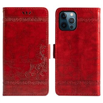 For iPhone 14 Pro Waxy Texture Leather Cell Phone Case Wallet Imprinted Flower Folio Cover Stand Shell