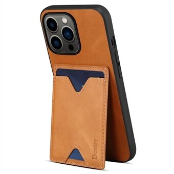 DENIOR Protective Case for iPhone 14 Pro Anti-Fall Phone Cover Genuine Leather Coated TPU Hard PC Case with Card Holder / Kickstand