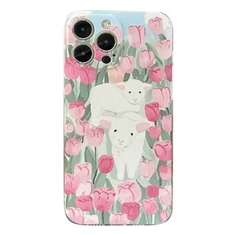 1.5mm TPU Phone Case for iPhone 14 Pro, Sheep Tulip Pattern Printing Shockproof Back Cover with Beads Hand Strap