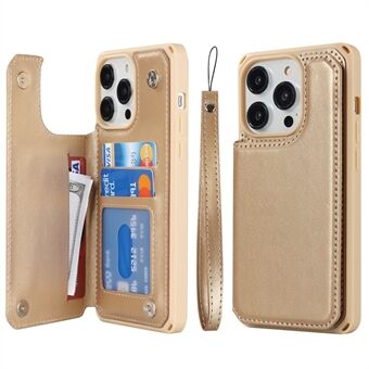 For iPhone 14 Pro Card Slots Design Kickstand PU Leather Coated TPU Phone Case Wallet Cover with Strap