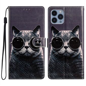 For iPhone 14 Pro PU Leather Pattern Printing Wallet Case Magnetic Closure Shockproof Stand Flip Phone Cover with Strap