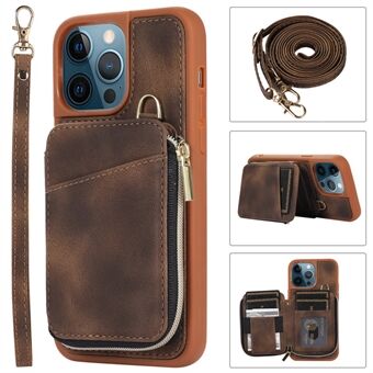 For iPhone 14 Pro Card Bag Design Kickstand Cover Drop Proof PU Leather Coated TPU Phone Case with Hand and Shoulder Strap