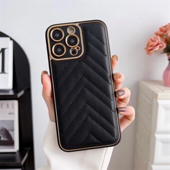 For iPhone 14 Pro PU Leather Coated TPU Case V-shape Grid Stitching Line Electroplating Phone Cover with Precise Cutout Lens Protection