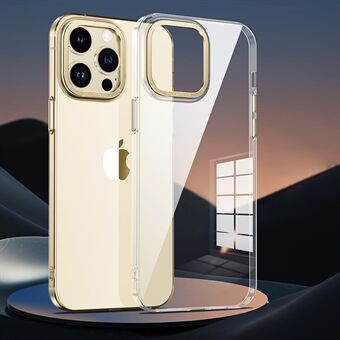 Anti-scratch Phone Case For iPhone 14 Pro Transparent PC Hard Back Cover with Metal Buttons and Electroplating Camera Lens Frame