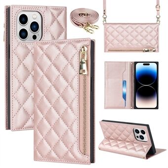 Cell Phone Cover For iPhone 14 Pro, PU Leather Zipper Pocket Wallet Stand Protective  Rhombus Imprinted Phone Case with Shoulder Strap