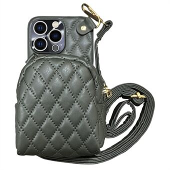 For iPhone 14 Pro Crossbody Strap Cell Phone Purse Case Imprinted Rhombus Pattern PU Leather Coated PC Zipper Phone Cover with Card Holder and Shoulder Strap