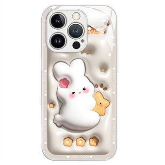 For iPhone 14 Pro Anti-collision Cartoon Rabbit Hugging Star Tempered Glass + TPU Phone Case Bump Proof Back Protective Cover