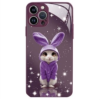 For iPhone 14 Pro Hard Tempered Glass+TPU Phone Case Shockproof Rabbit Pattern Printing Hybrid Phone Cover