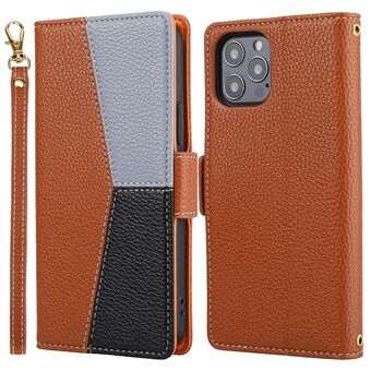 Leather Phone Cover for iPhone 14 Pro, Tri-color Splicing Litchi Texture Wallet Phone Stand Case with Strap