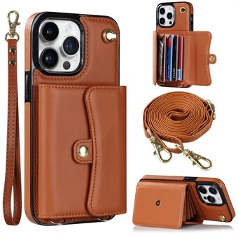 For iPhone 14 Pro Kickstand Card Holder Phone Cover RFID Blocking Accordion Style Phone Case with Short Strap and Long Strap