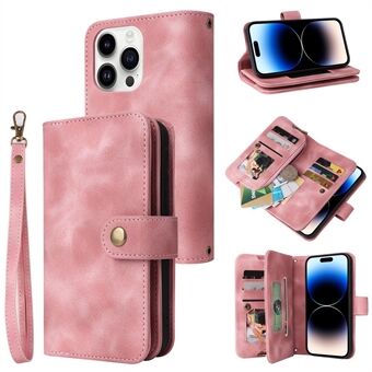 Multifunctional Leather Phone Case for iPhone 14 Pro Stand Zipper Pocket Phone Wallet Cover with Straps