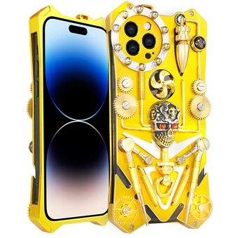 Armor Metal Phone Cover for iPhone 14 Pro , Mechanical Gear Handmade Skull Dropproof Phone Case - Gold