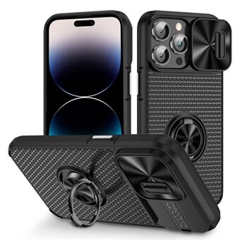 Ring Holder Kickstand Phone Cover for iPhone 14 Pro PC+TPU Case with Slide Lens Protection