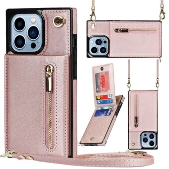 For iPhone 14 Pro Kickstand Phone Case Zipper Wallet Leather+TPU Cover with Shoulder Strap